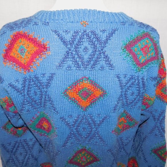 VTG Northern Isles Hand Knit Blue Multicolour Diamond Crew Neck Sweater Womens M - Picture 9 of 10